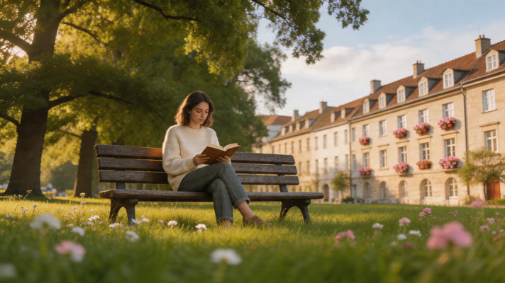 A cinematic wide-angle photo (16:9), capturing a naturally composed scene with a strong focal subject and balanced framing. The image should feel like a curated stock photo rather than completely random — visually pleasing, slightly more structured than chaotic. Include elements such as architecture, nature, or lifestyle moments, with soft natural lighting, realistic textures, and subtle color grading. The composition should guide the viewer’s eye toward a central subject, with depth and layering (foreground, midground, background). No text, no watermark.
