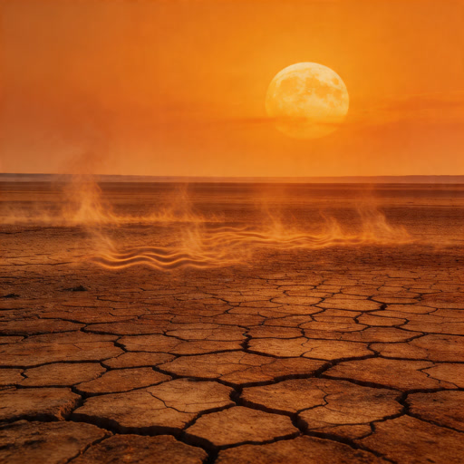 A vast scorched desert landscape under a burning orange sun, cracked earth everywhere, dramatic orange heat waves rising from the ground, cinematic wide shot showing desolation and dramatic lighting