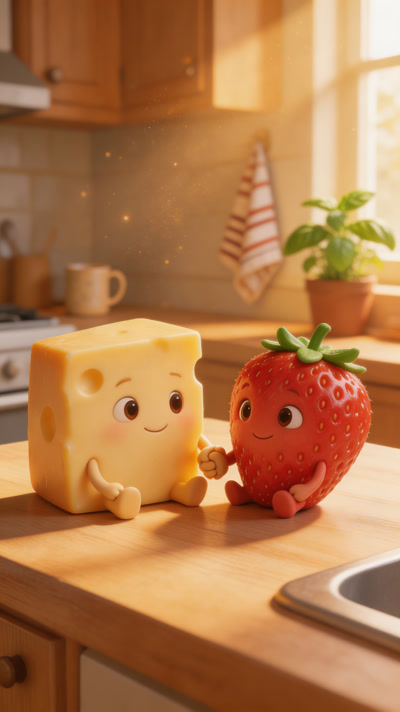strawberry and cheese characters sitting in the kitchen table