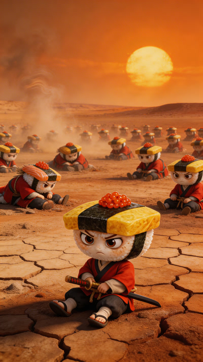 A vast scorched desert landscape under a burning orange sun, cracked earth everywhere. A massive army of Sushi characters lying exhausted in a barren desert, their rice bodies cracked and dry, seaweed wrappers wilted, dust swirling around them, dramatic orange heat waves rising from the ground, cinematic wide shot showing hundreds of Sushi soldiers dying, desolation and desperation in every frame. Style: cinematic, dramatic, epic desert warfare scene, high detail, dramatic lighting.