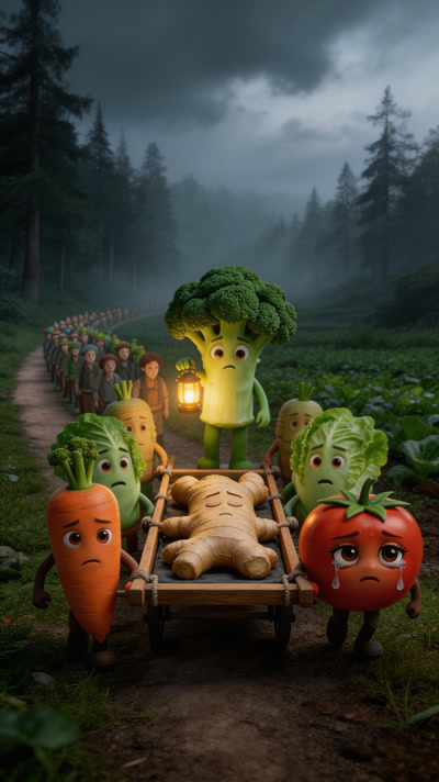 vegetage characters crying in a funeral procession