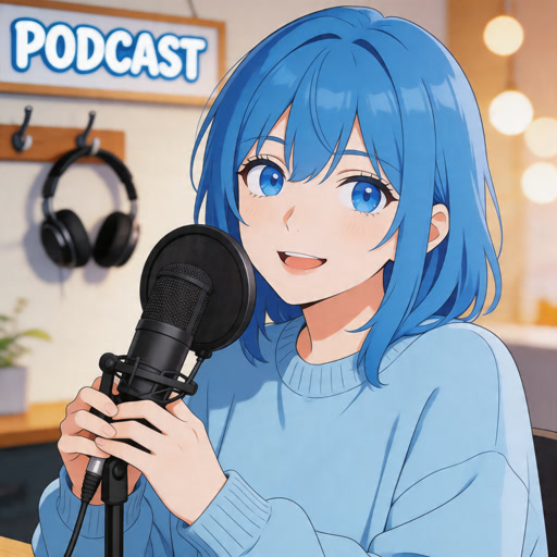 Anime-style character with blue hair holding a microphone for podcast