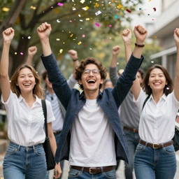 Excited entrepreneur celebrating startup success with confetti