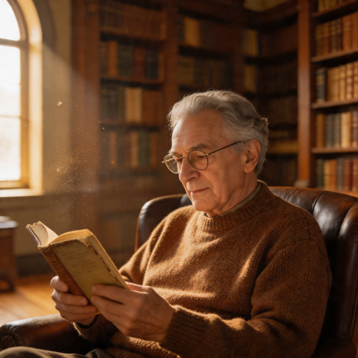 An elderly man reading a worn paperback in a vintage library, dust motes floating in afternoon light, towering bookshelves in soft focus behind, nostalgic warm tones