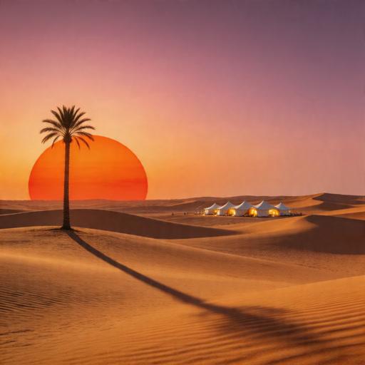 A lone palm tree on sand dunes as massive blood-orange sun sets, long shadows stretching across the landscape, Arabian-style luxury camp visible in distance, cinematic wide shot